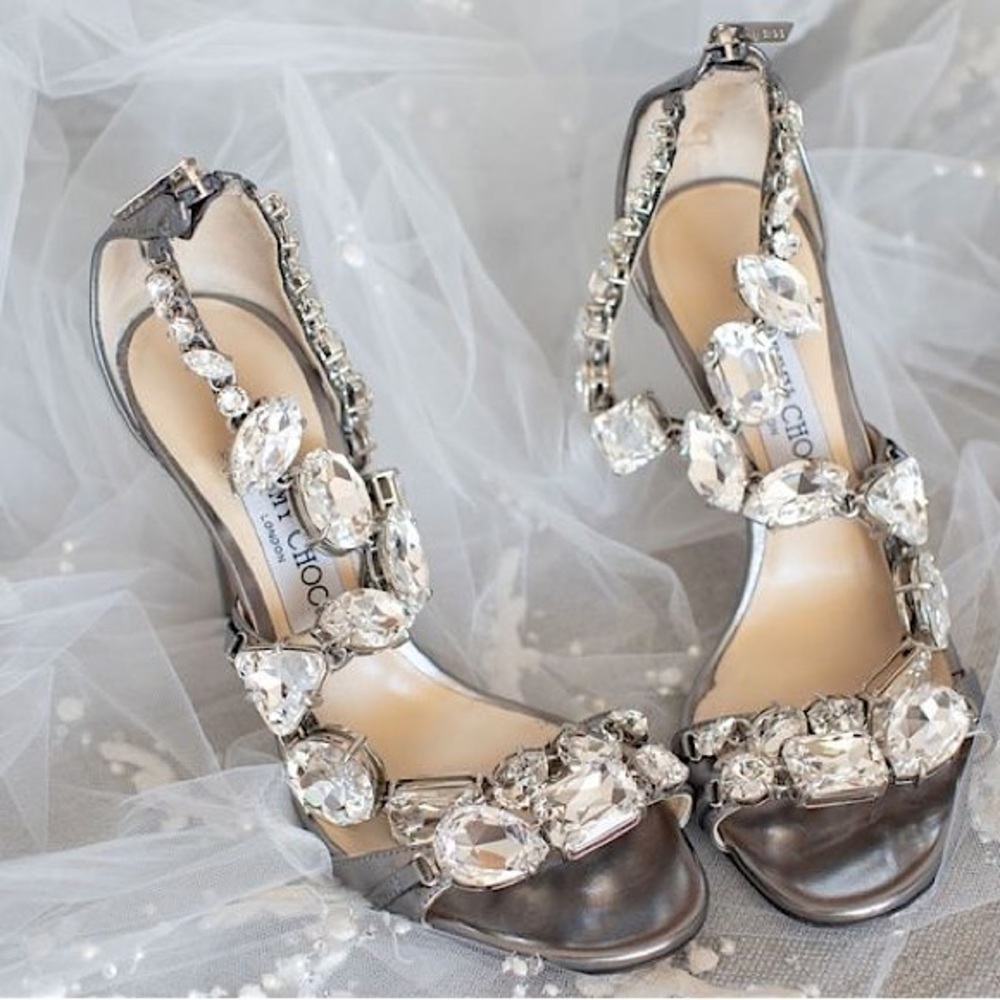 New JIMMY CHOO Karima Crystal 100mm Sandals, Gray 37.5 $2,450
